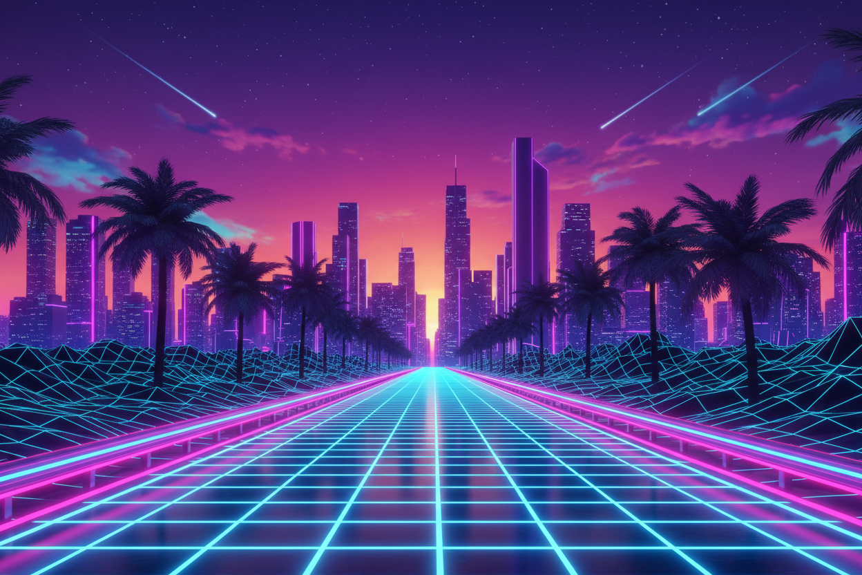 Neon synthwave highway going into the desitance with palm trees and city in distance